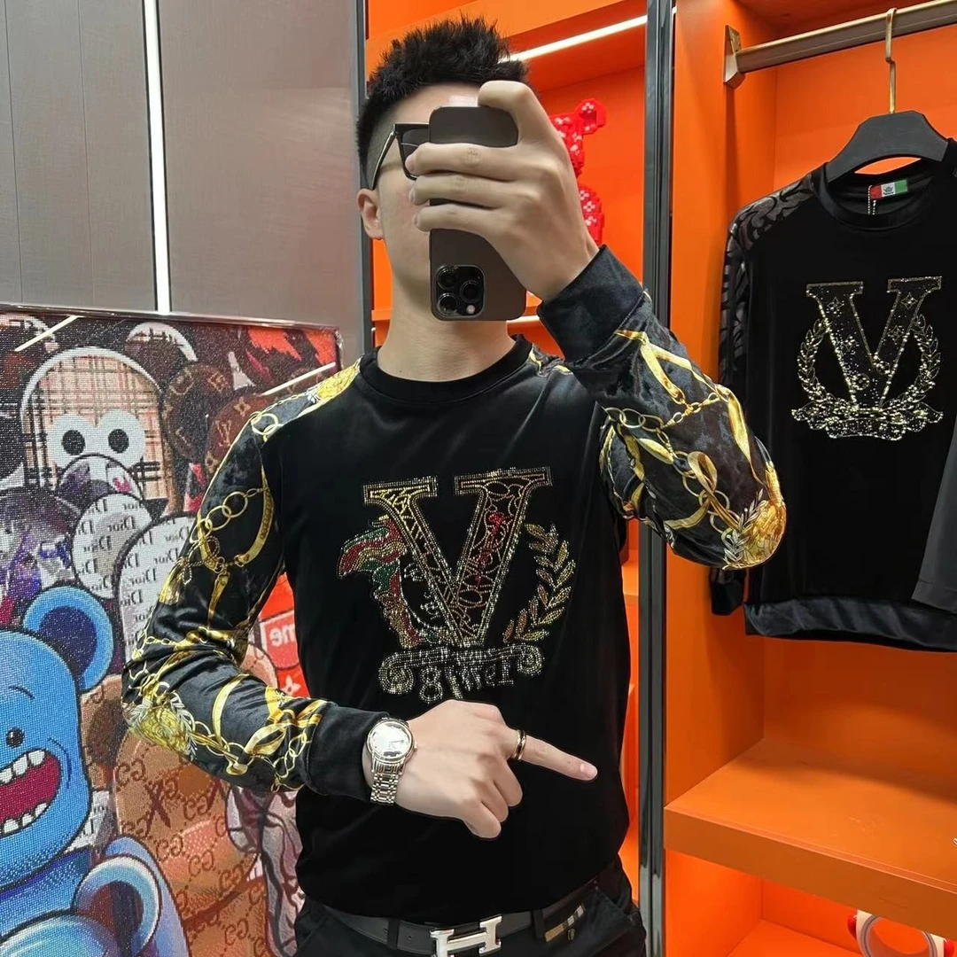 6286秋冬新款轻奢高品质欧货男装商务休闲时尚丝绒打底长袖T恤