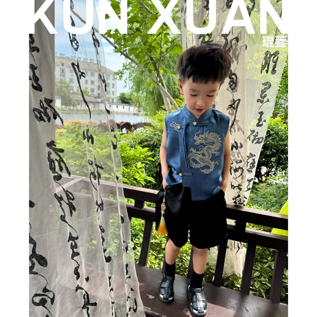 【琨萱】“龙腾”夏款男童新中式国风100%醋酸提花刺绣上衣SU57S114