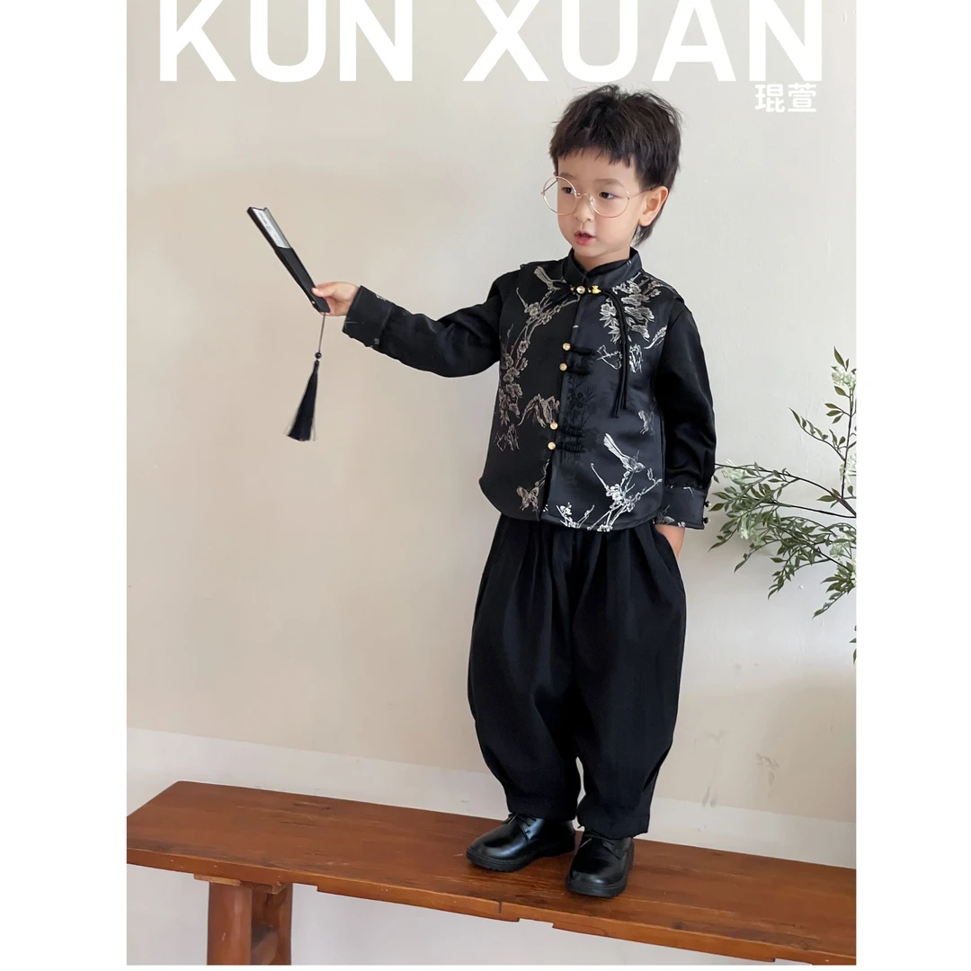 【琨萱】“山河锦绣”秋款男童新中式国风织锦衬衫马甲套装 AU57T001