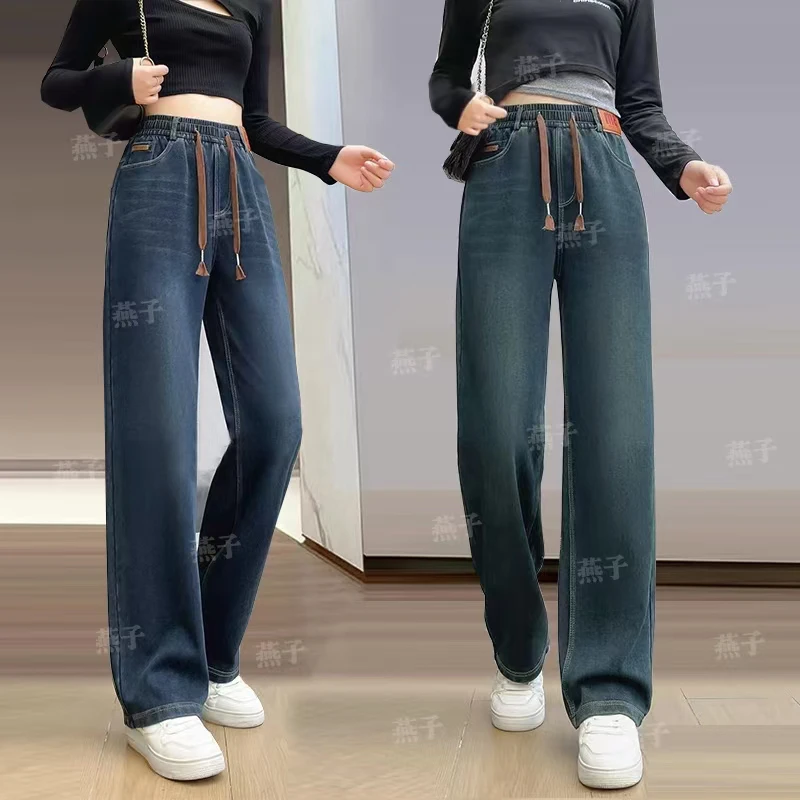 阔腿牛仔裤女新款2024年春秋季新款高街美式窄版垂感直筒单裤