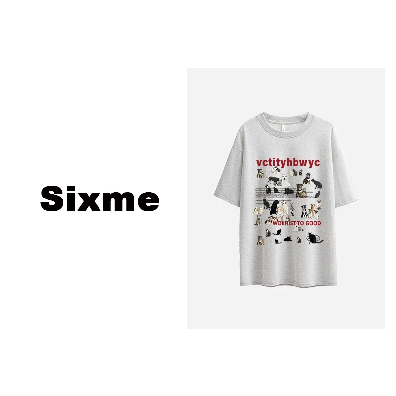 Sixme 休闲韩版圆领百搭t恤女短袖印花夏季宽松简约设计感001-047