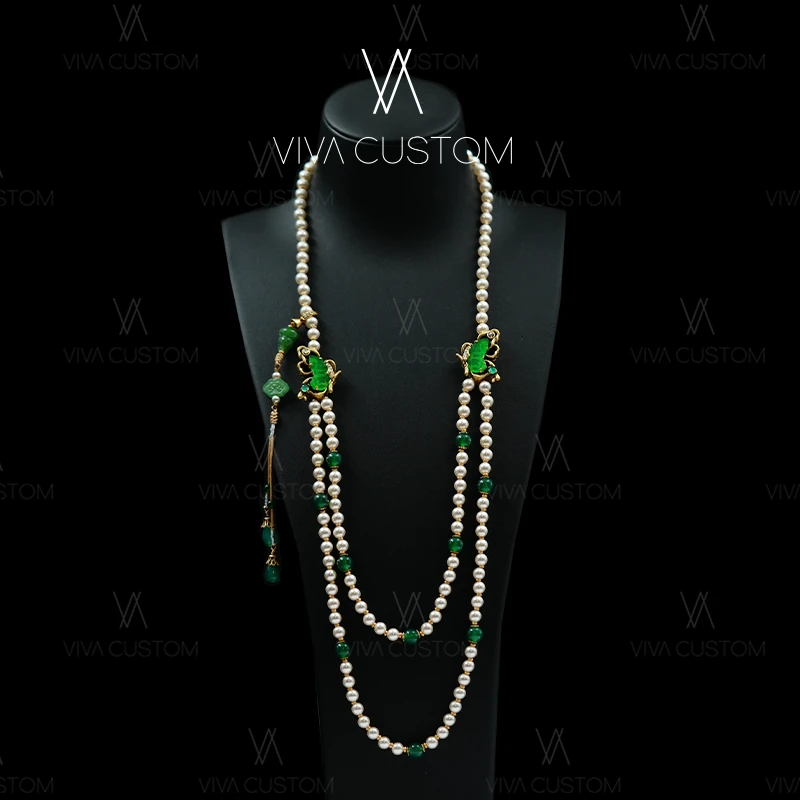 铜合金仿珍珠项链 新中式系列 时尚气质国潮翠蝶翩飞项链