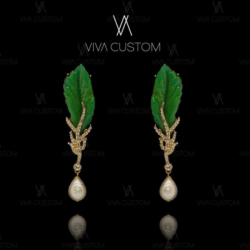 合金仿珍珠耳饰 时尚气质优雅镶嵌夸张晨间树叶耳饰』