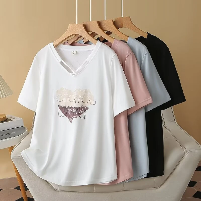 胖妹妹200斤大码短袖T恤女2024夏季时尚交叉v领印花宽松半袖上衣