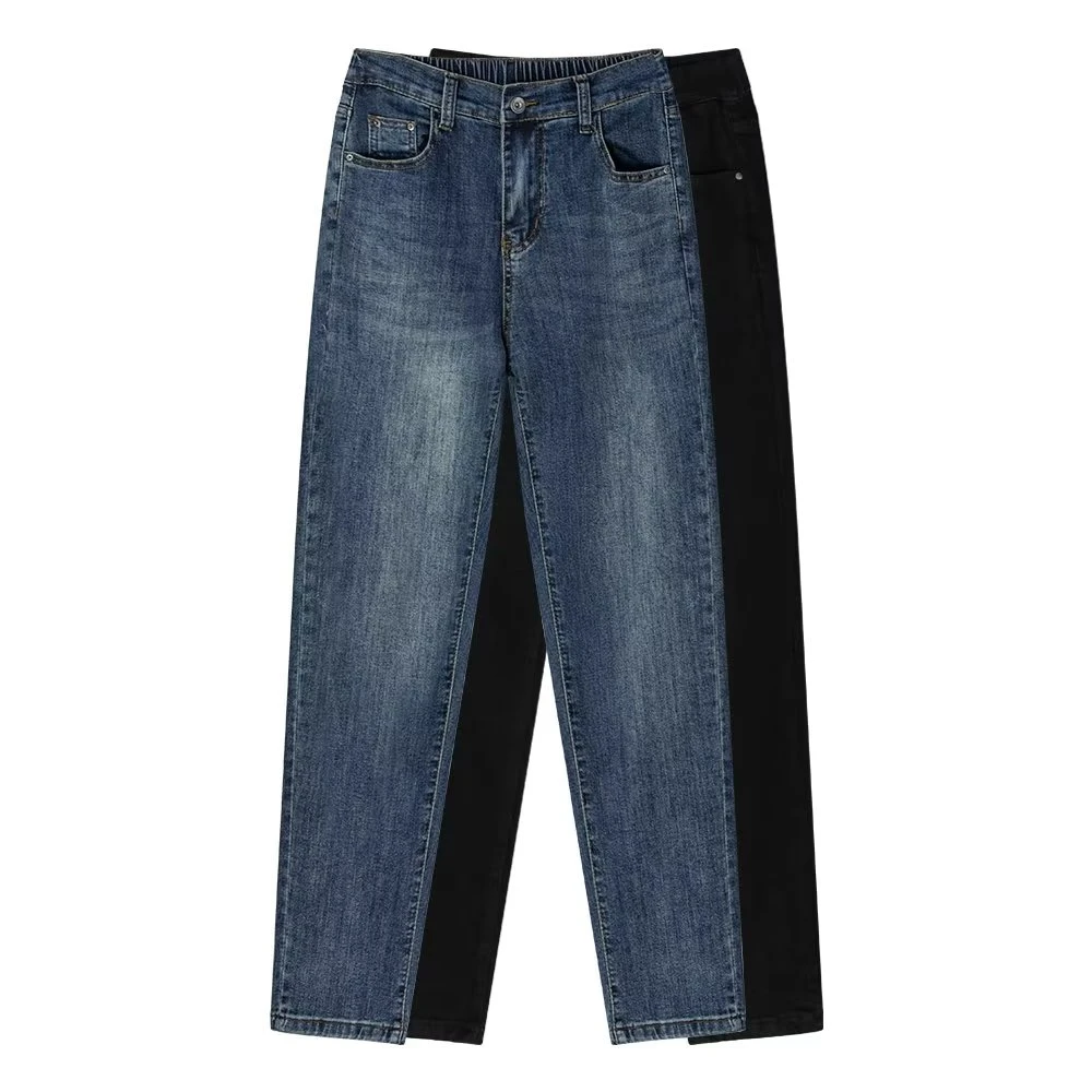 大码胖mm春季新款裤子200斤显瘦直筒休闲高弹力牛仔哈伦老爹裤