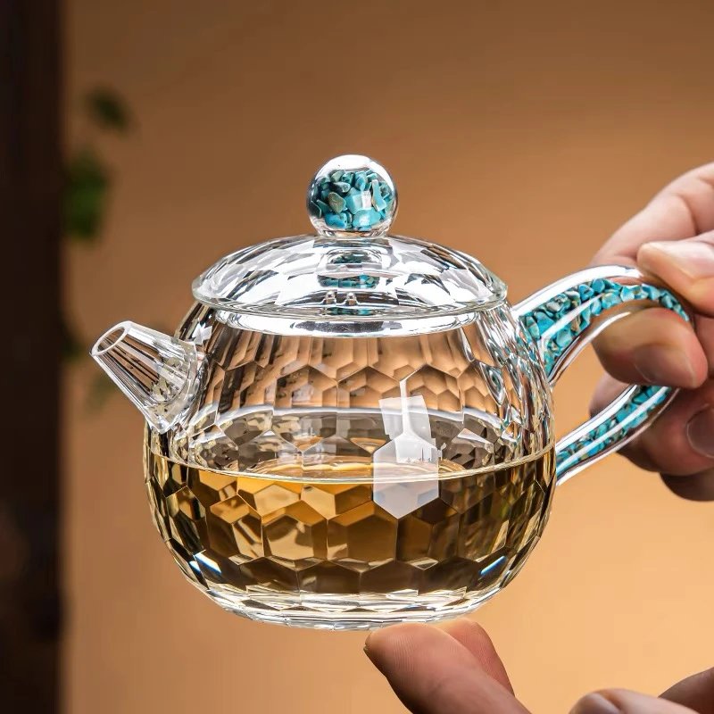 绿松石小茶杯金箔耐热玻璃泡茶壶带把手客厅专用待客功夫茶具