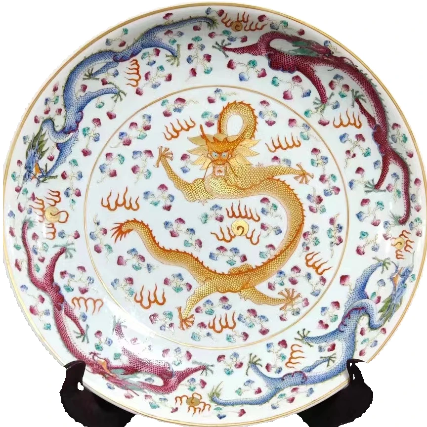 粉彩手工手绘祥云五条龙纹缠枝花卉描金小赏盘