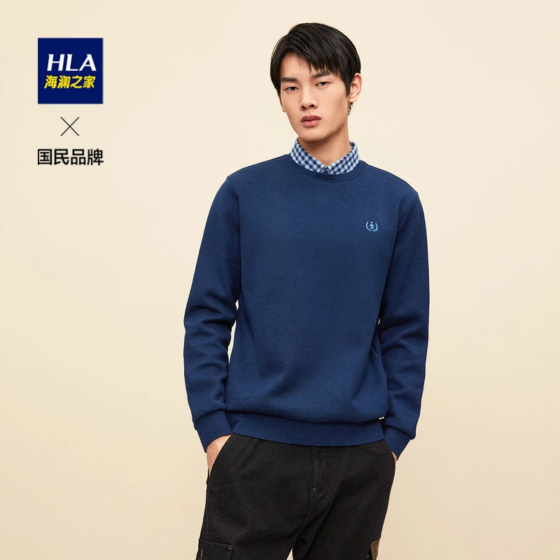 HLA/海澜之家双领针织衫刺绣印花假两件保暖加绒男士双领针织衫