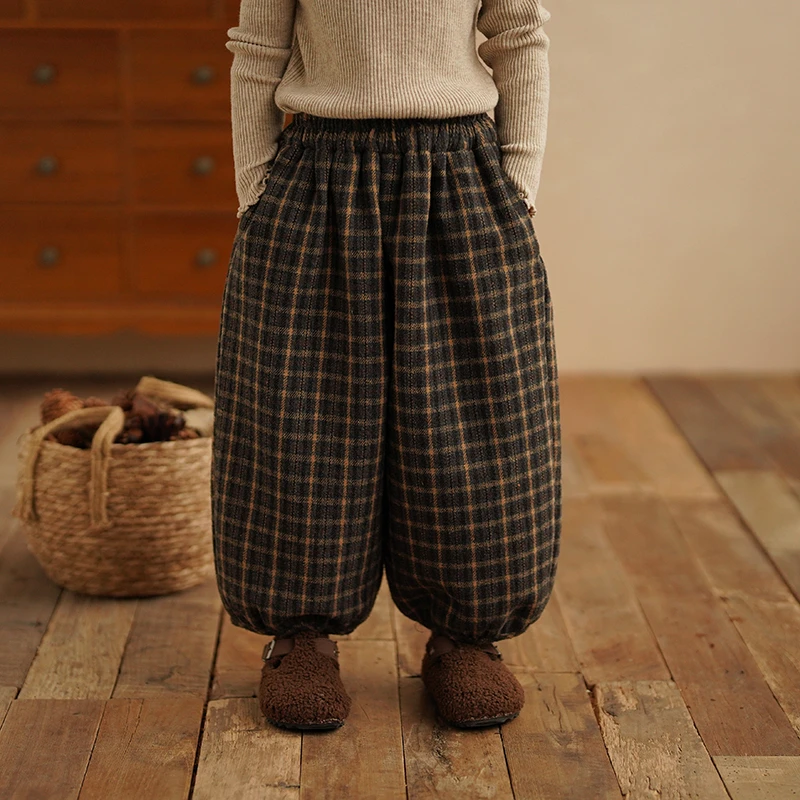 儿童加绒格子灯笼裤百搭女童森系复古长裤宝宝休闲保暖裤子冬季爆