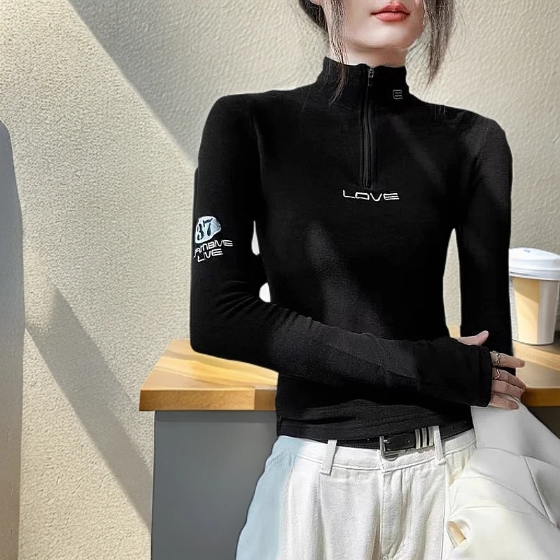 字母印花长袖打底衫女秋冬新款时尚设计感半高领拉链德绒上衣T恤