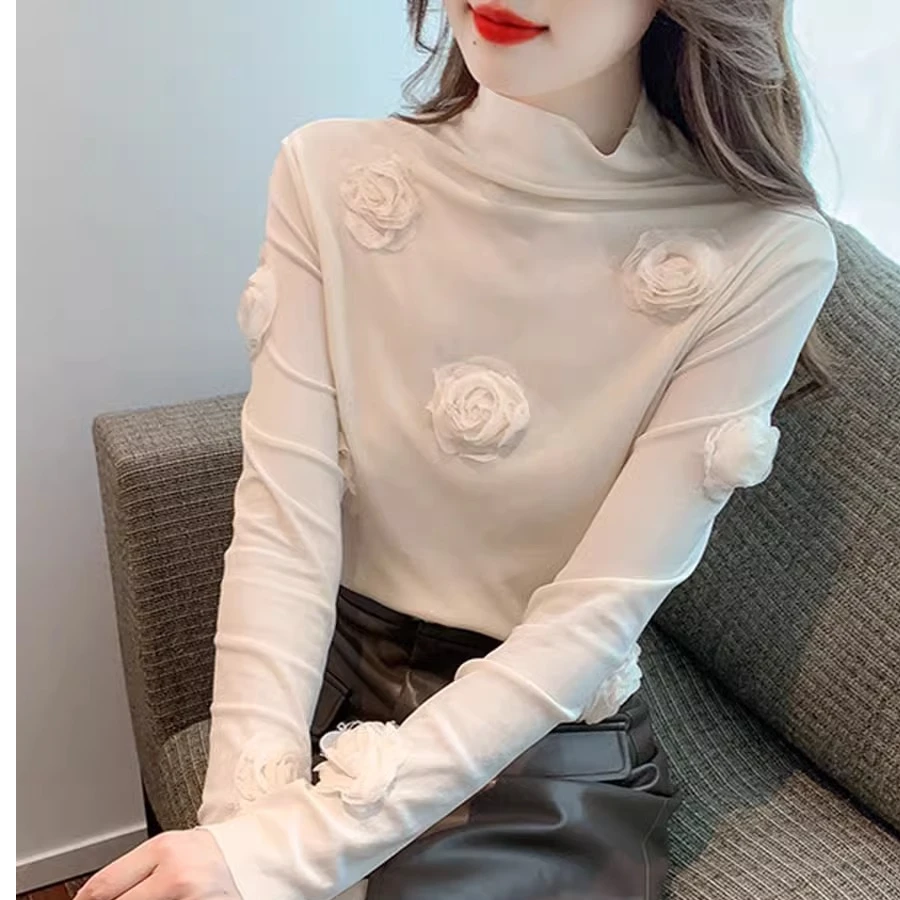 韩系chic别致立体花朵高领打底衫上衣女高级感2024秋新款网纱t恤