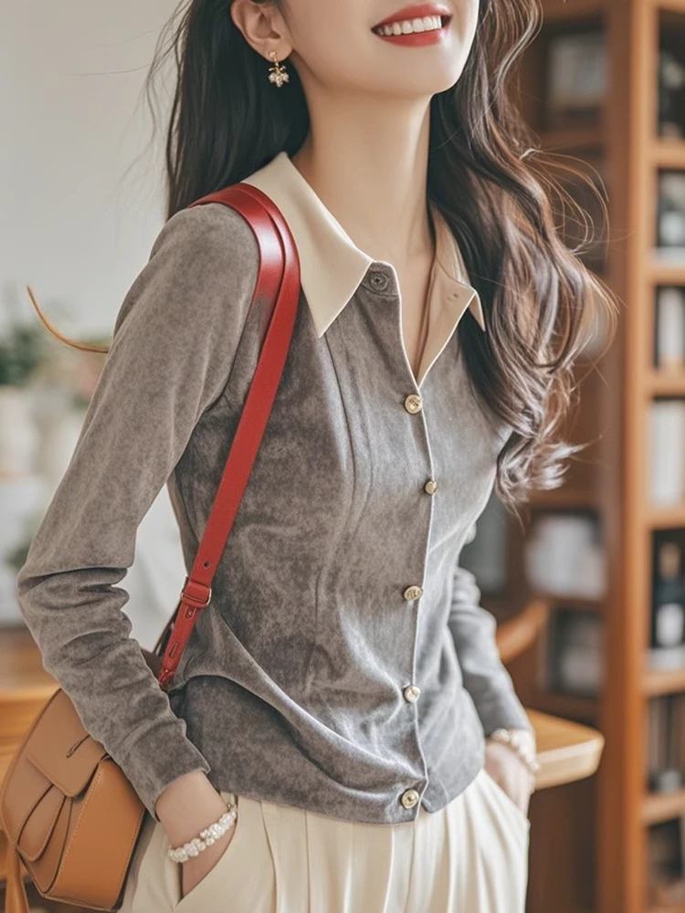 2025春秋新款法式高级感独特别致气质长袖灰色丝绒衬衫女内搭上衣