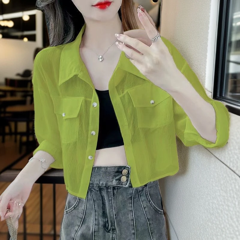 夏季薄款韩版超仙ins蓝色雪纺衬衫女宽松百搭衬衣开衫休闲防晒衣