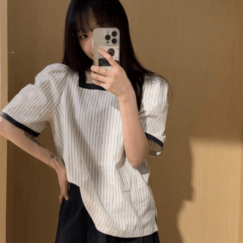 2024夏季撞色复古条纹恤港风减龄女显瘦短款方领锁骨打底百搭上衣
