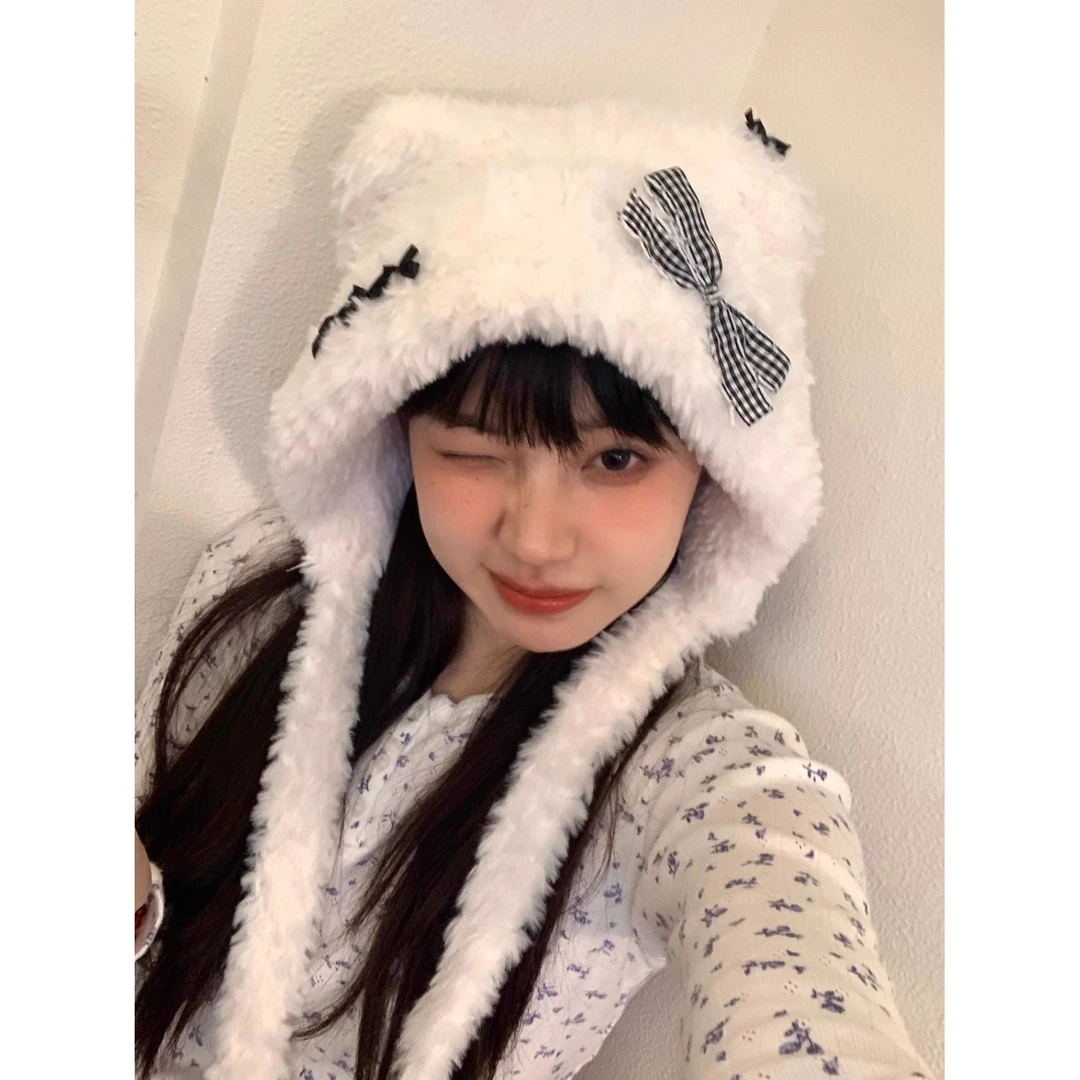 秋冬氛围感贴布可爱毛绒小熊网红蝴蝶结保暖护耳帽三色FJT