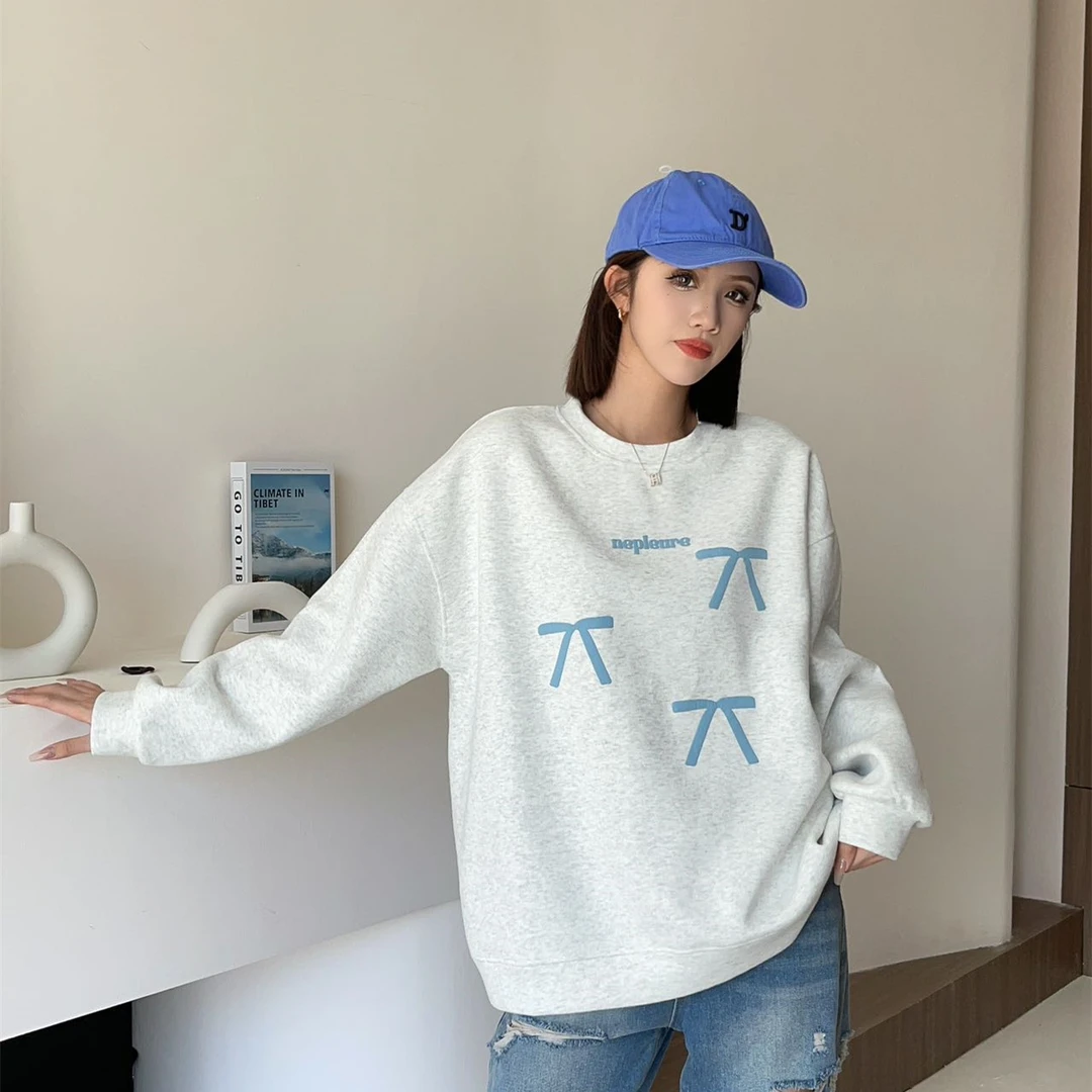 美式蝴蝶结印花卫衣女春秋季港风复古chic超好看长袖慵懒风卫衣