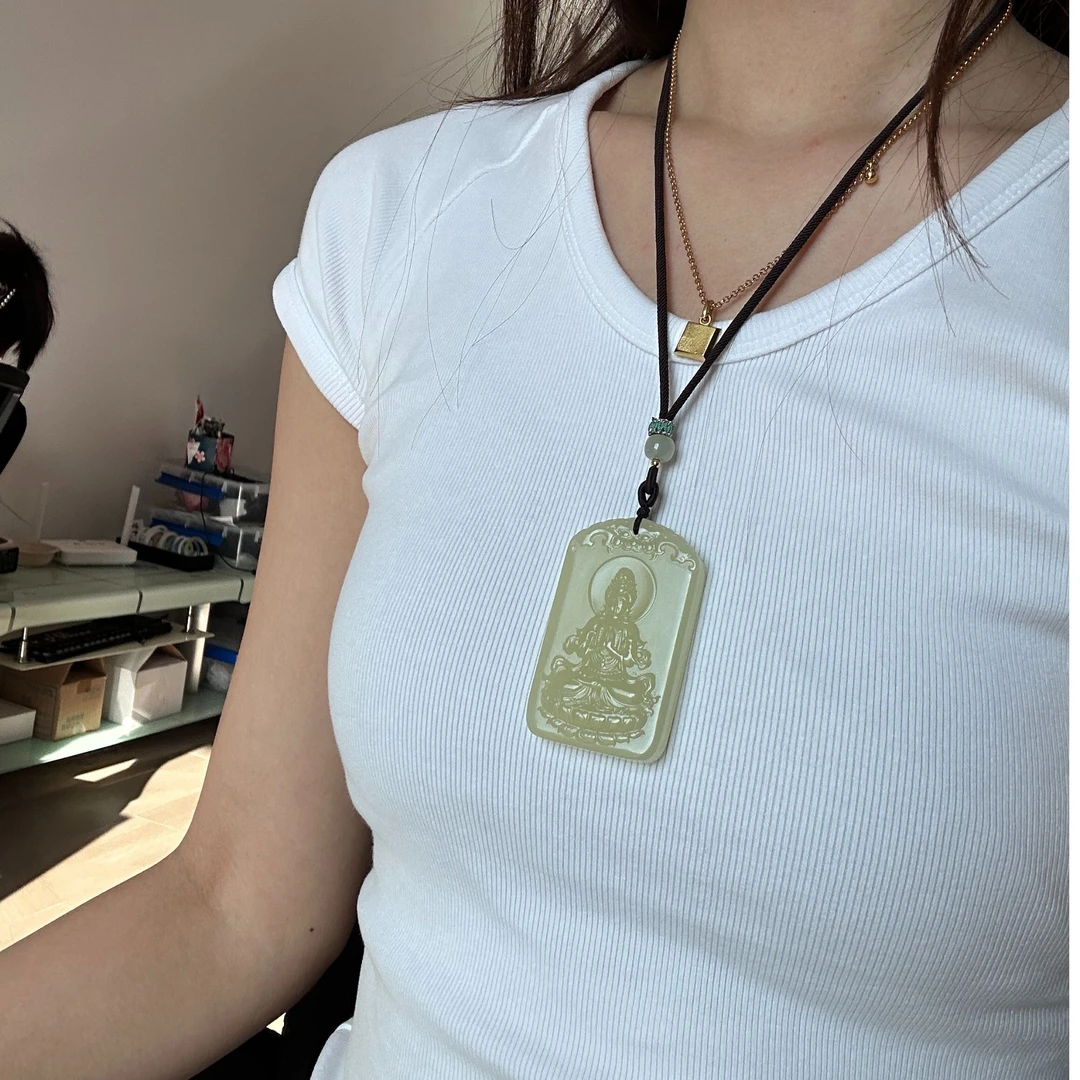 和田玉观音玉牌山水玉牌吊坠双面雕刻吊坠