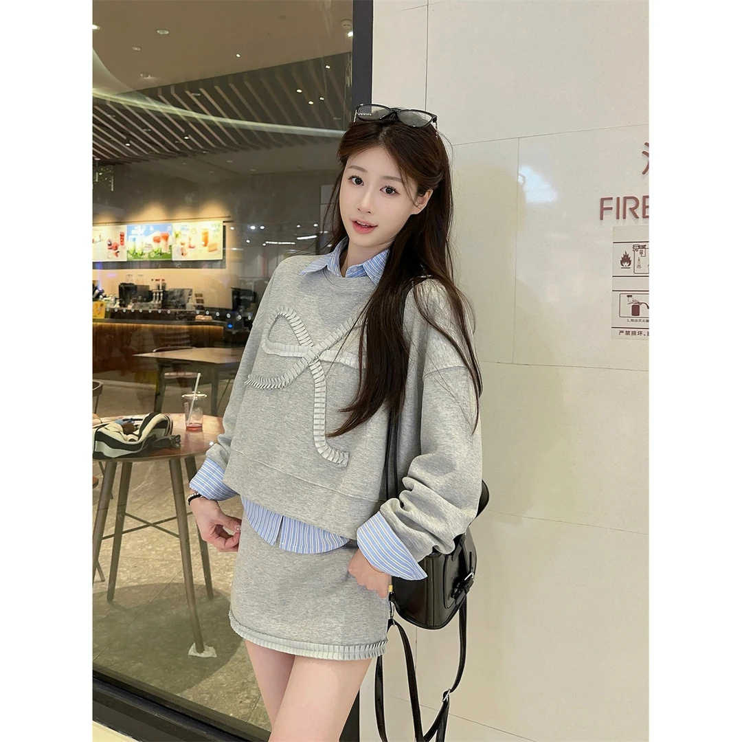 蝴蝶结显瘦卫衣女2024秋季新款半身裙一整套休闲运动套装女装