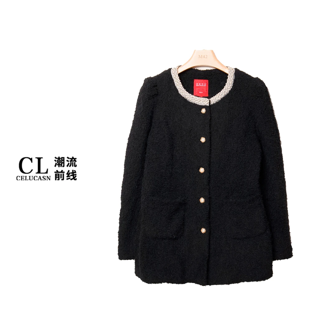 EAQF8794#小香风长袖圆领西装外套女冬季黑色宽松毛呢外套