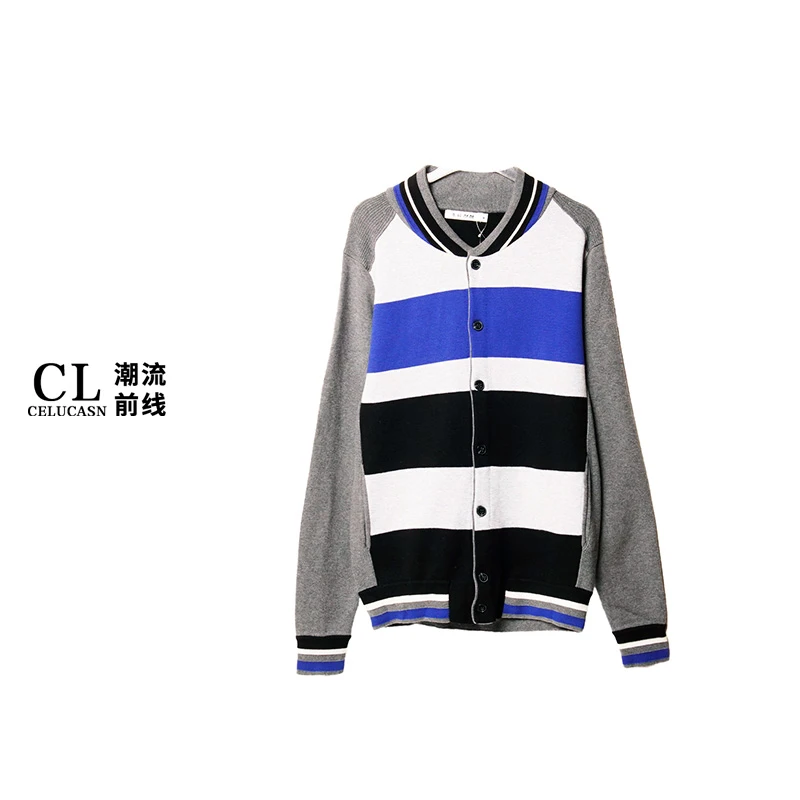 Y4QB67479#美式复古棒球服宽松条纹毛衣秋冬情侣百搭针织开衫外套