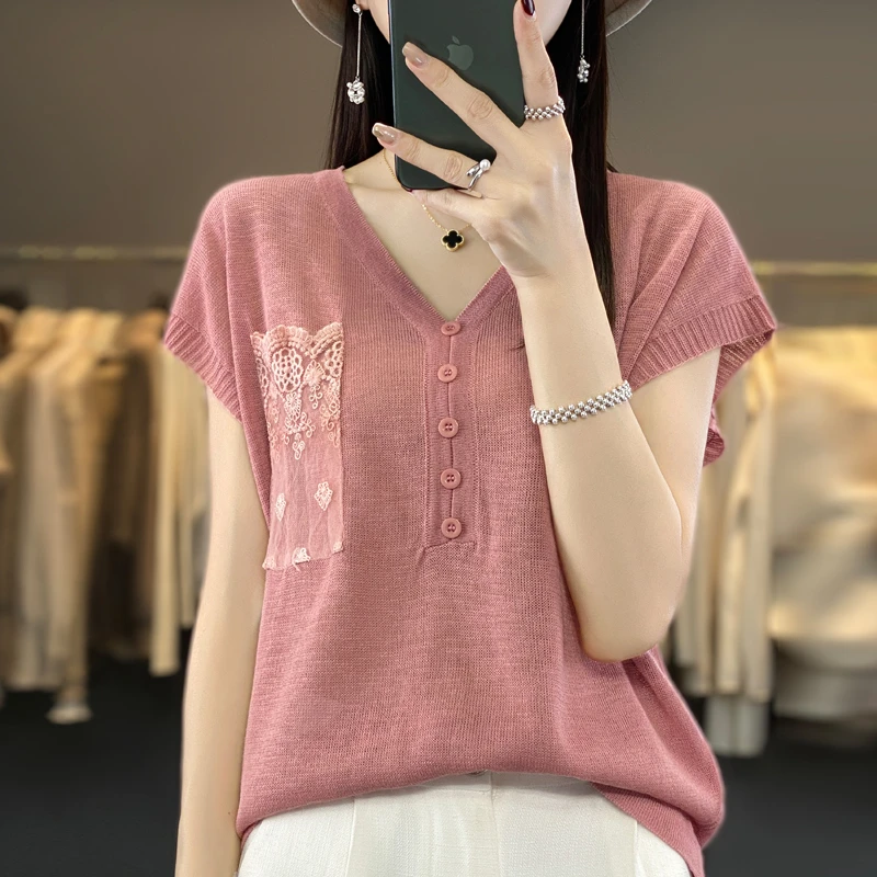 【简约】竹节麻钩花设计V领短袖夏季宽松显瘦清凉垂顺气质百搭大码