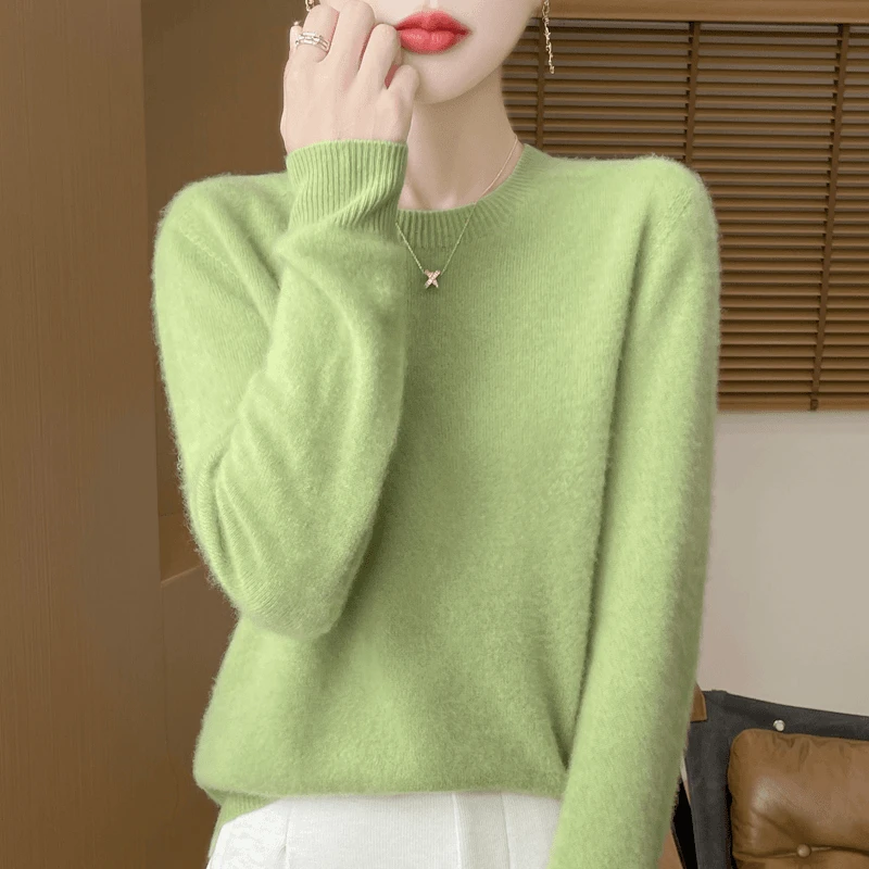 【一线成衣】秋冬新款羊毛圆领长袖针织衫宽松套头毛衣纯色打底衫