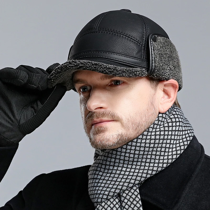中老年人秋冬季保暖鸭舌帽子男冬天防风皮质雷锋帽老头爸爸爷爷帽