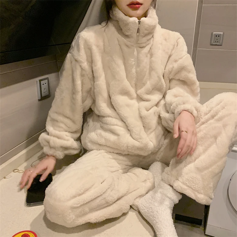 珊瑚绒睡衣女秋冬季加厚加绒韩版法兰绒家居服休闲两件睡衣套装