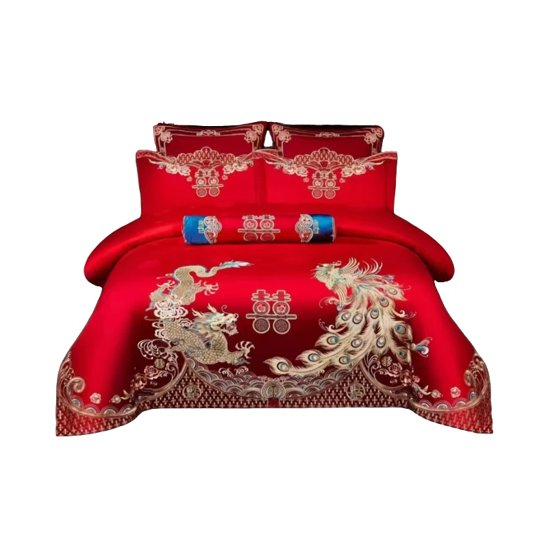 新款全棉婚庆刺绣四件套大红结婚纯棉床品床上用品红色中式婚房