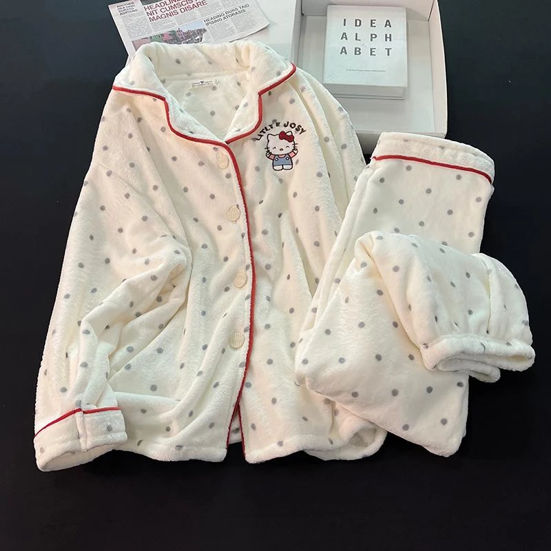 珊瑚绒睡衣女款冬季加绒加厚可爱猫咪保暖韩系休闲开衫家居服套装