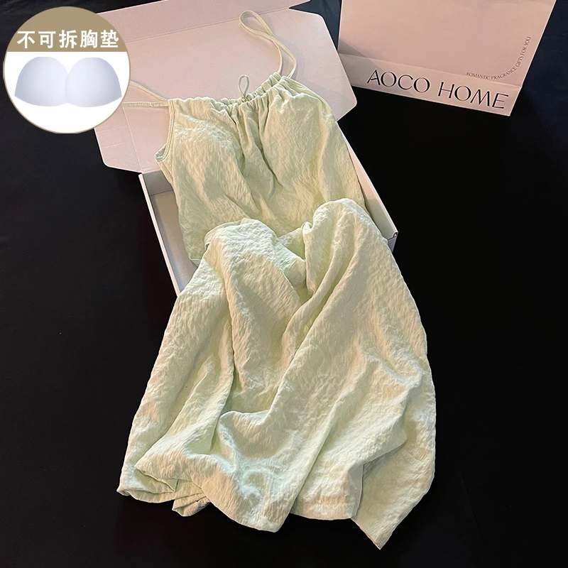 宫廷风夏季新款睡衣女棉质带胸垫清新绿色睡裙吊带性感纯欲家居服