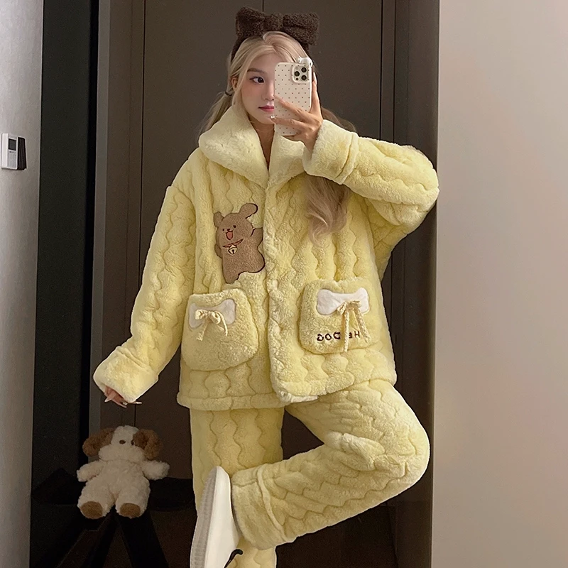 卡通可爱睡衣女冬季三层夹棉袄黄色甜美珊瑚绒家居服加厚保暖套装