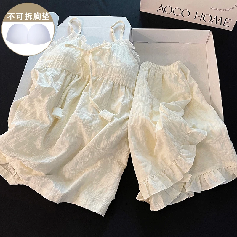 带胸垫睡衣女夏季棉质白色吊带性感甜美花边薄款家居服新款两件套