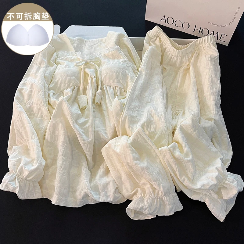 法式蕾丝花边睡衣女春秋季棉质带胸垫杏色长袖甜美公主风家居服