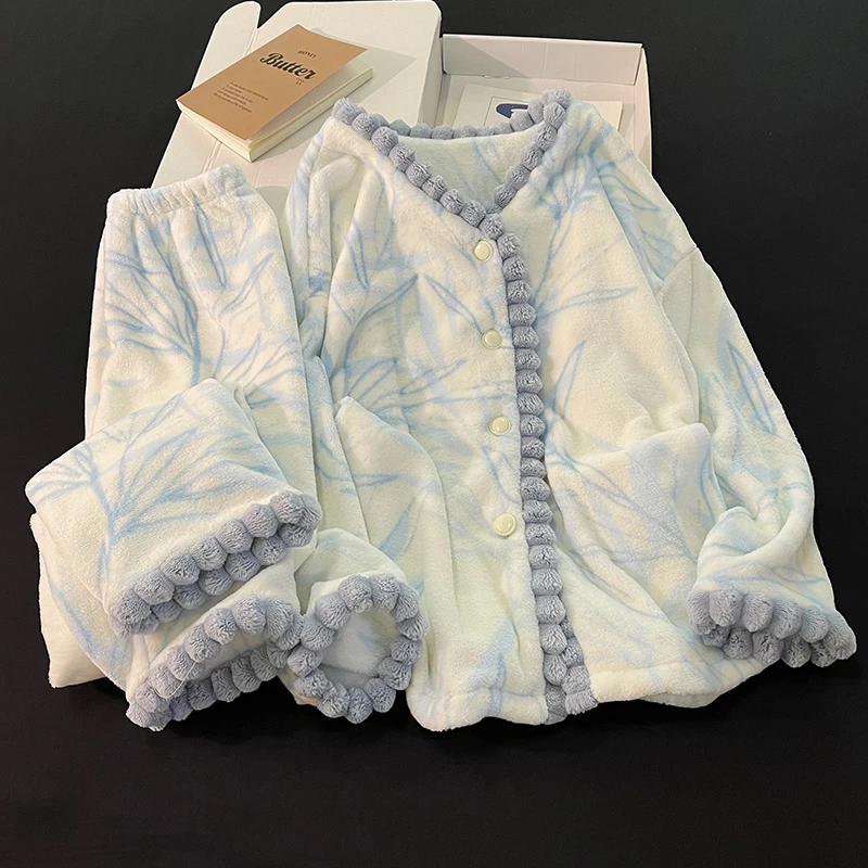 韩系ins睡衣女新款冬季珊瑚绒加厚保暖蓝色高级感学生家居服套装