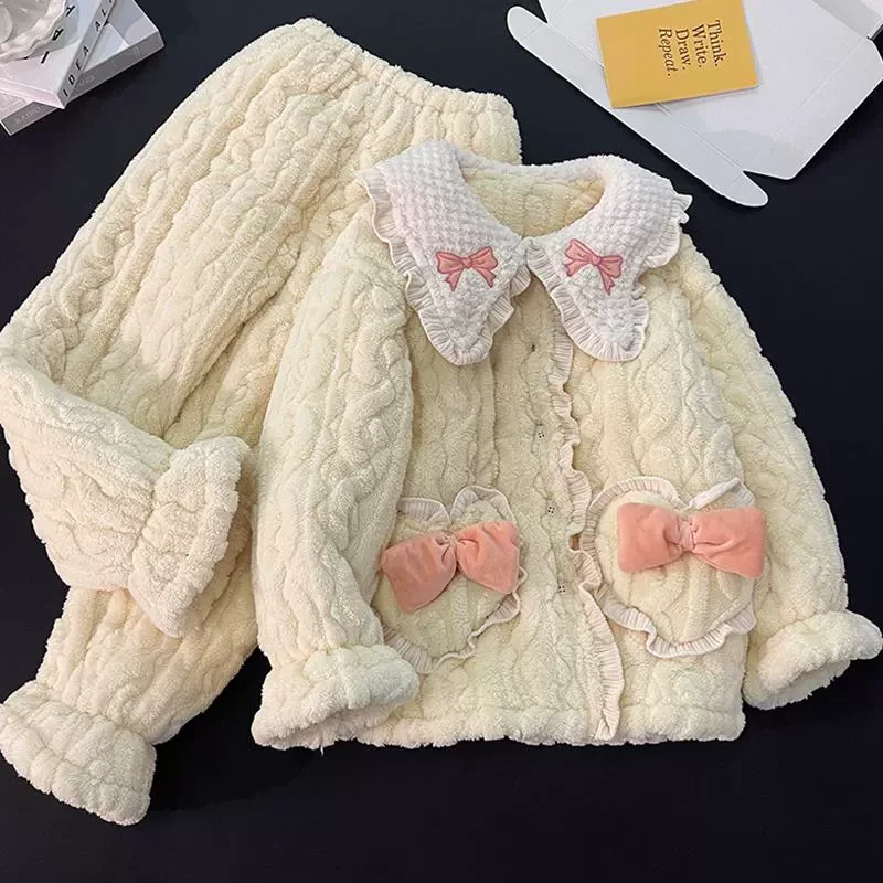 三层珊瑚绒夹棉睡衣女新款冬季黄色蝴蝶结加厚保暖甜美家居服套装
