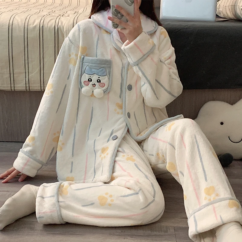 简约条纹睡衣女新款冬季珊瑚绒加厚保暖卡通可爱法兰绒家居服套装