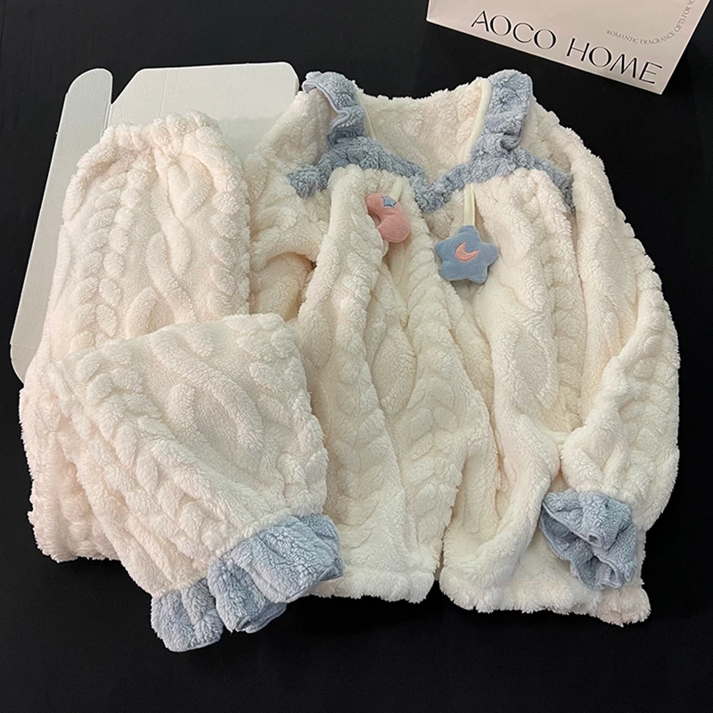 公主风睡衣女冬季蓝色花边珊瑚绒加厚保暖可外穿2024年新款家居服