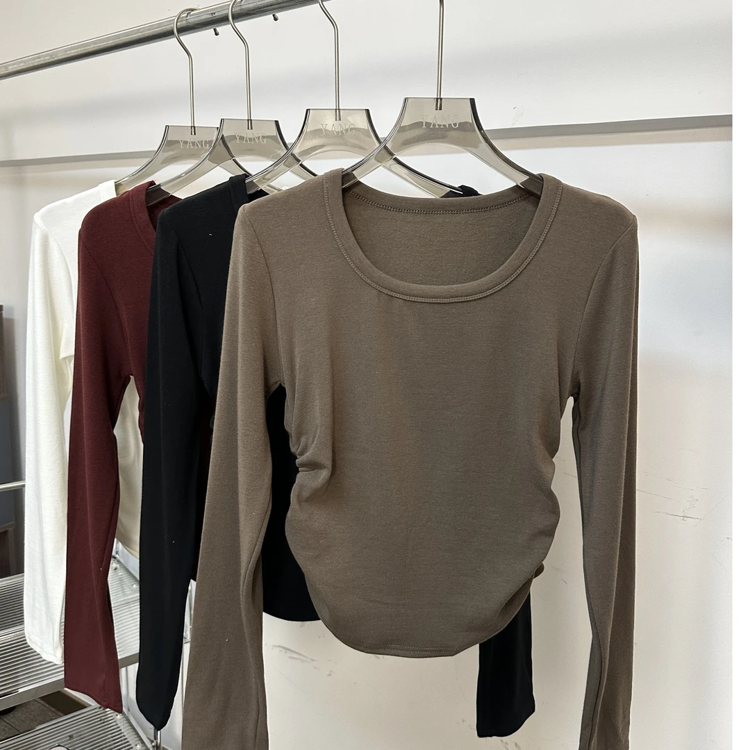 YANGDADA 36加绒U领打底衫秋冬新款收腰褶皱设计显瘦百搭内搭纯色