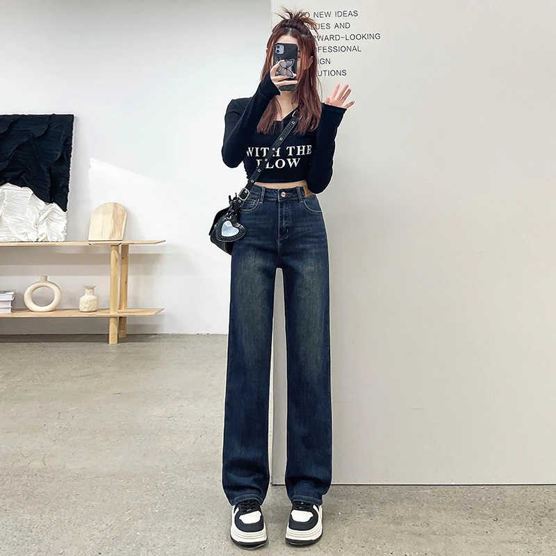 女秋冬复古百搭高腰弹力修身显瘦遮肉垂感阔腿拖地通勤小个子