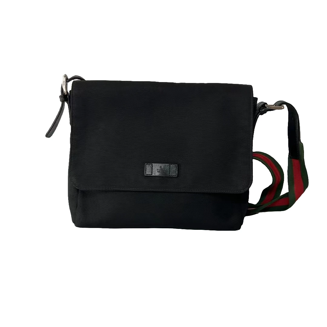 95新 GUCCI/古驰 古驰//经典红绿织带时尚帆布斜挎包黑色（444130）