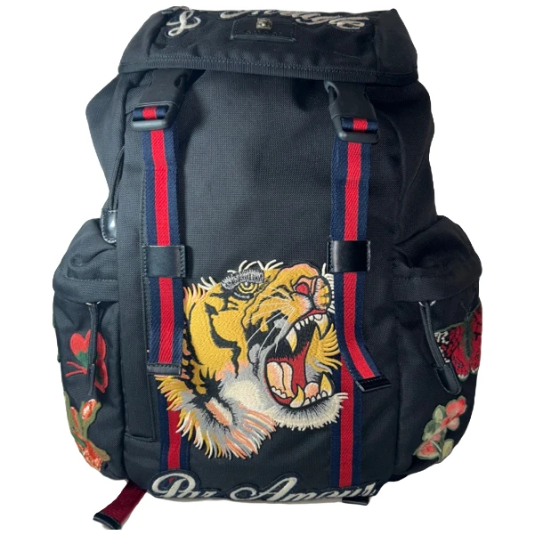 99新 GUCCI/古驰 Gucci虎头花卉刺绣条纹织带双肩包（3333）