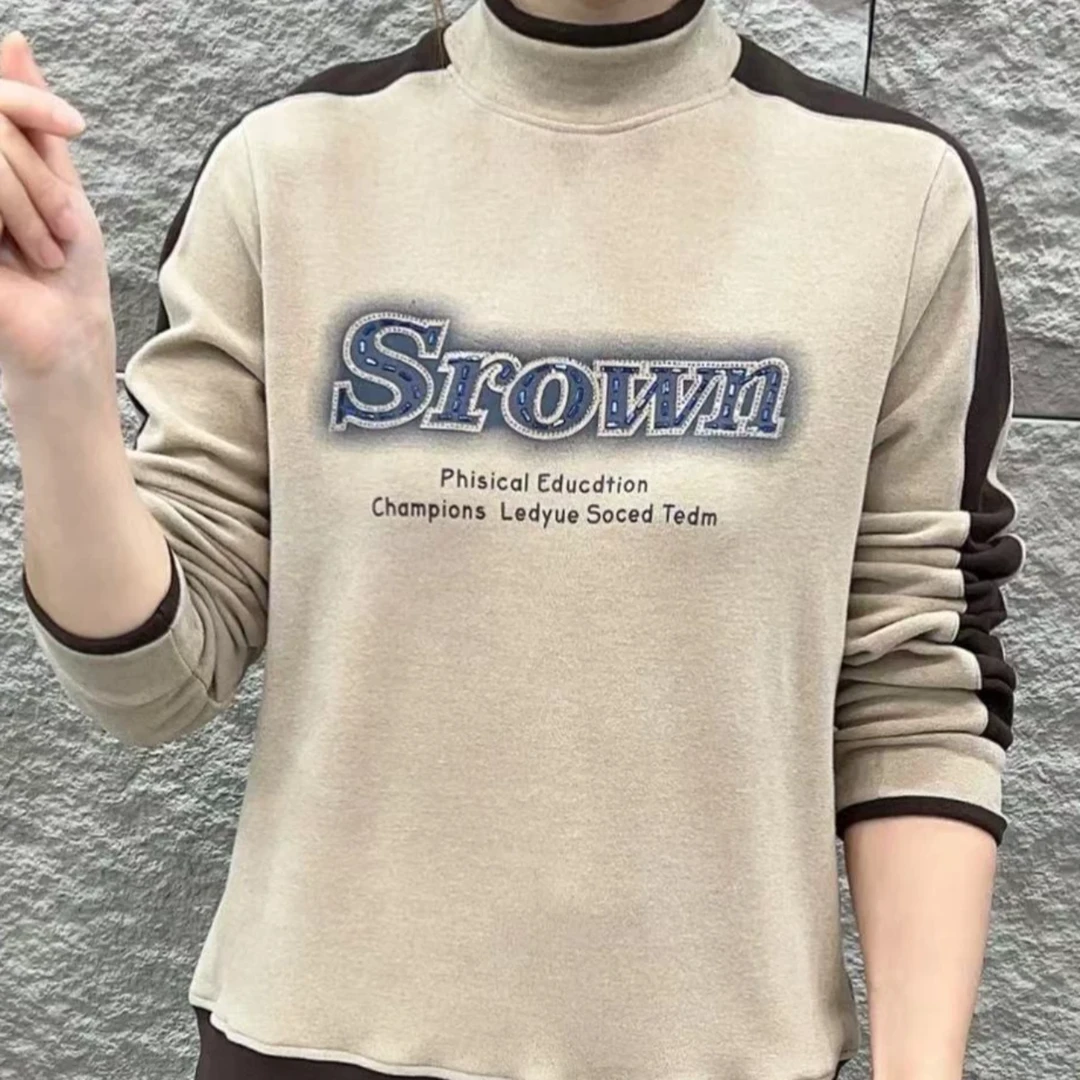 2024冬季新品【加厚德绒】简约大气时尚重工烫钻长袖半高领保暖上衣