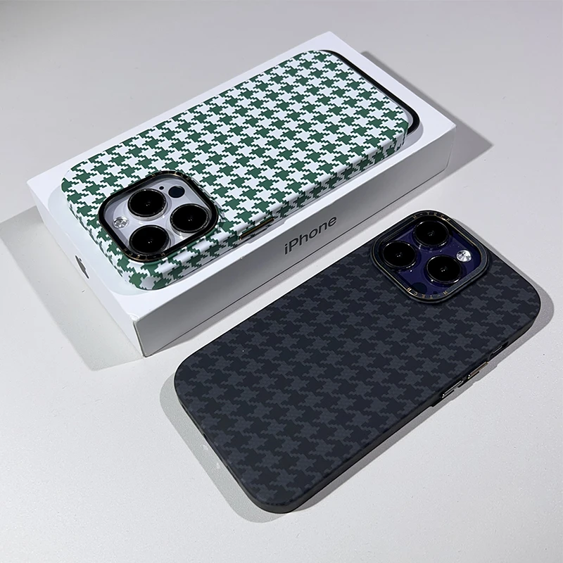 高档撞色磨砂新潮千鸟格苹果15Promax手机壳iphone13新款凯夫拉14