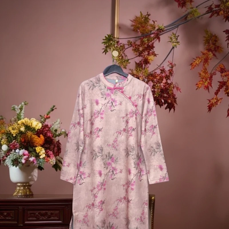 踏雪寻梅 加绒加厚旗袍国风高端印花大码长裙连衣裙长袖秋冬