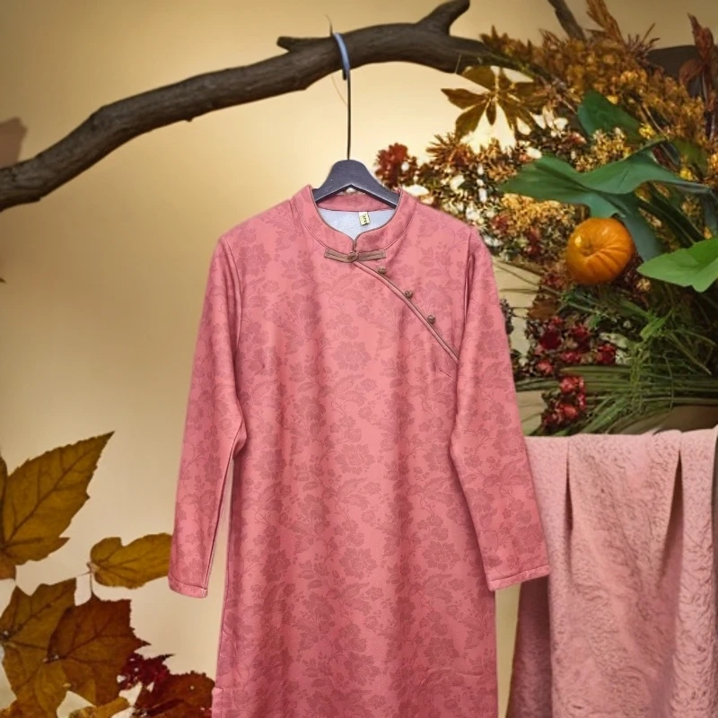 万紫千红 加绒加厚旗袍国风高端印花大码长裙连衣裙长袖秋冬