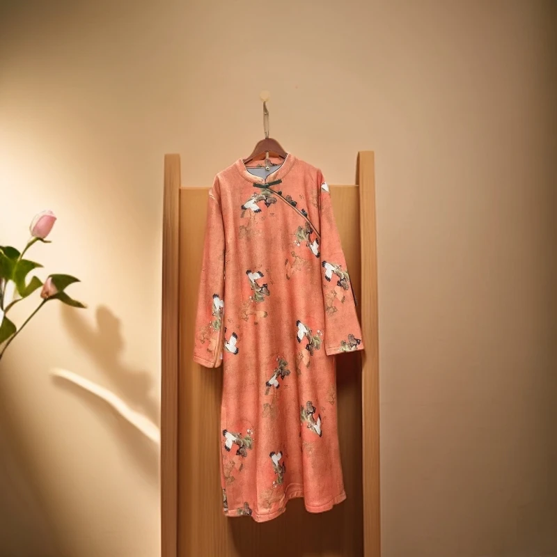 松鹤延年-秋冬加绒加厚复古旗袍气质女装中国风宽松袍子