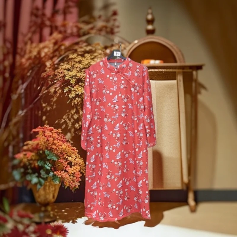 红妆 加绒加厚旗袍国风高端印花大码长裙连衣裙长袖秋冬