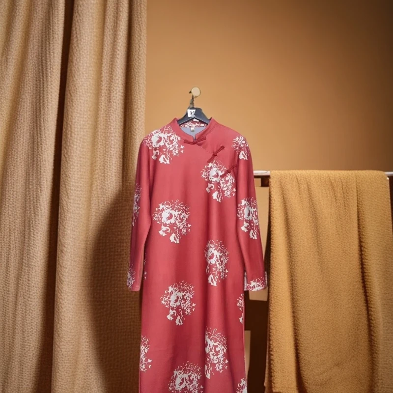 琉璃 加绒加厚旗袍国风高端印花大码长裙连衣裙长袖秋冬