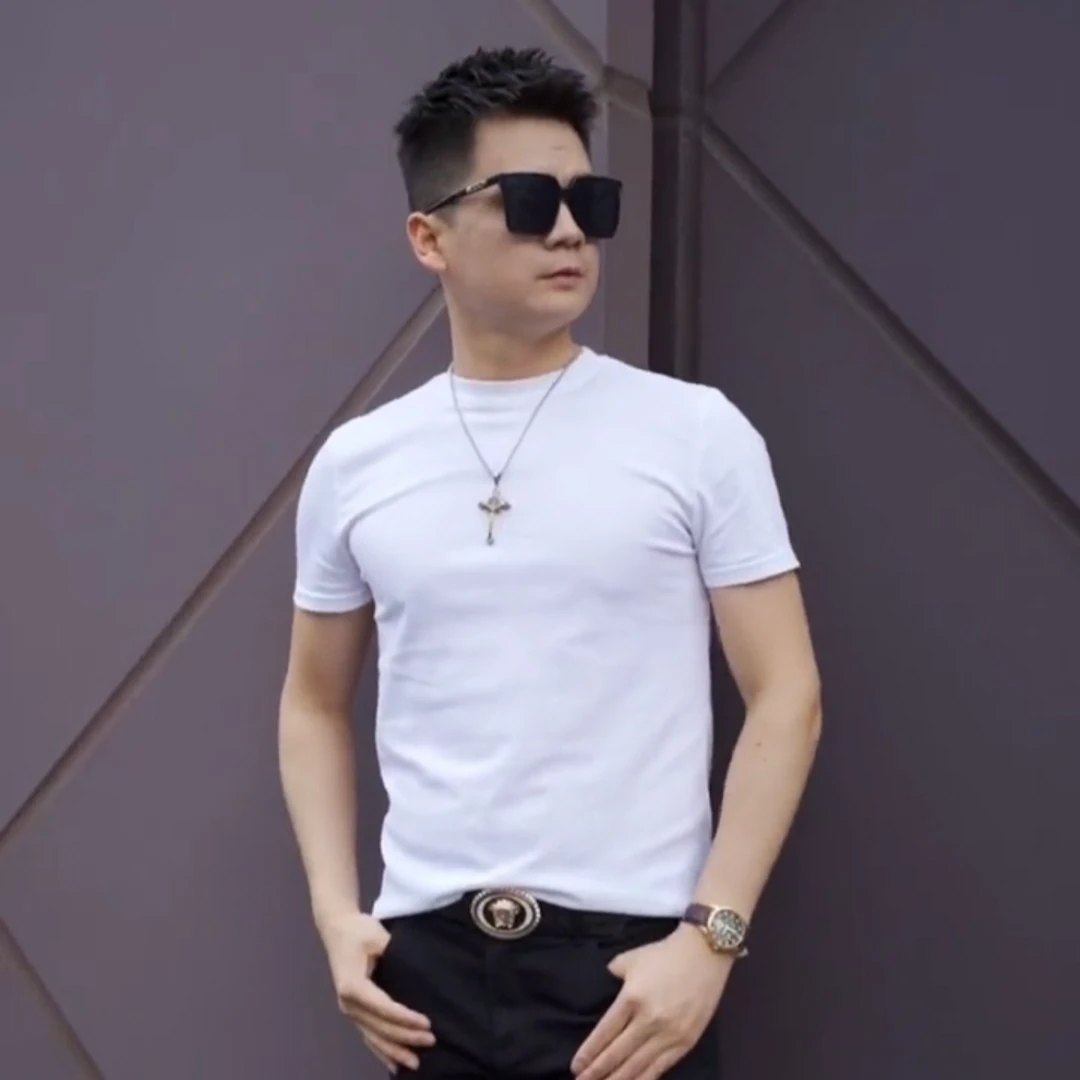 高品质2024夏季男士修身纯色短袖白色时尚百搭圆领T恤简约休闲